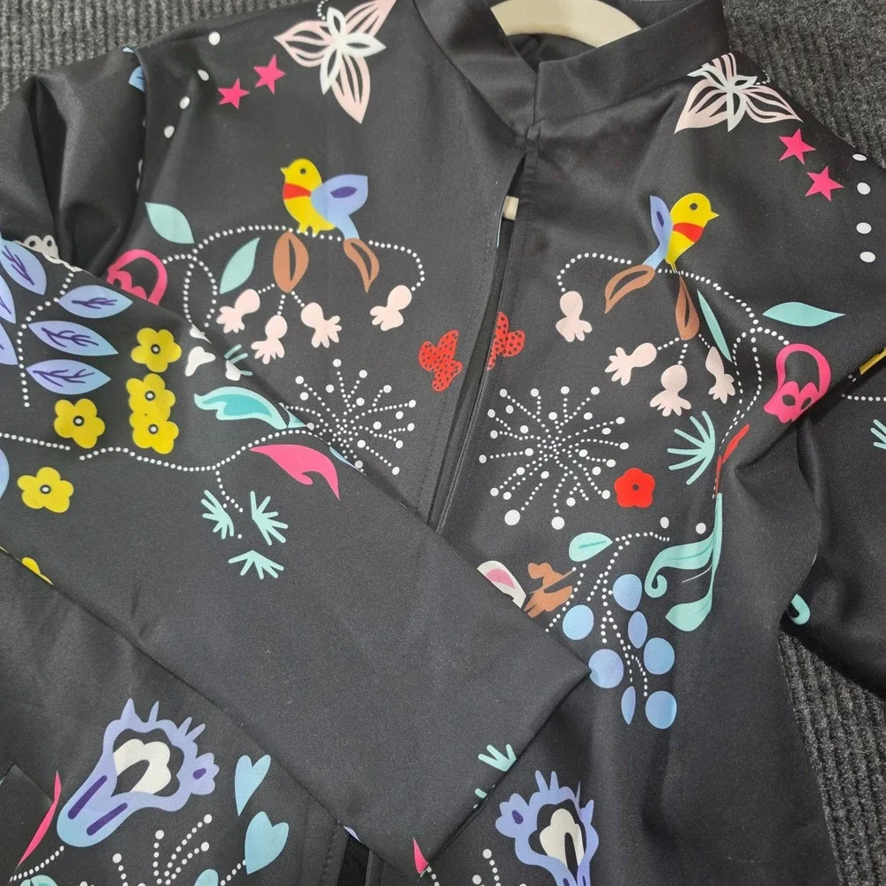 Eva Franco Floral Bird Print Coat Womens Large Black Excellent Lined Back Slit